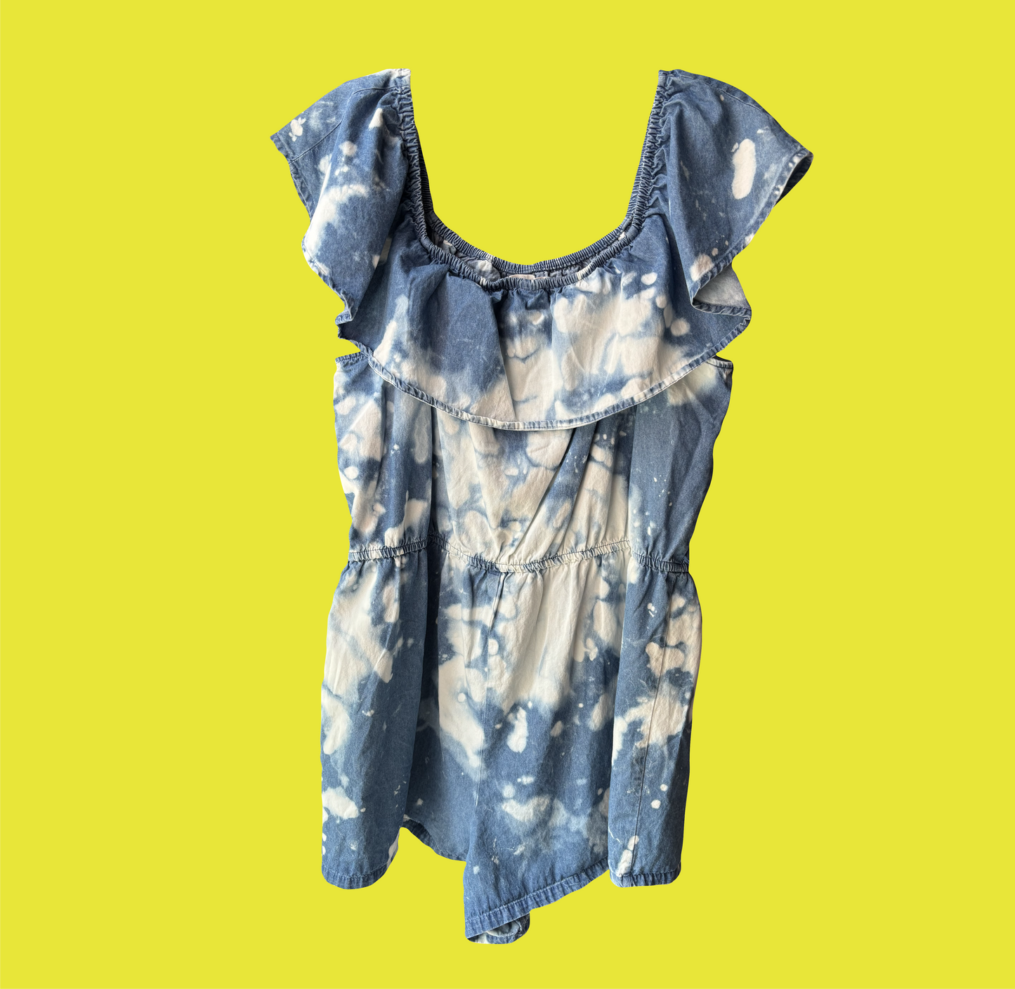 Denim Rose Romper with Off-The Shoulder Sleeves